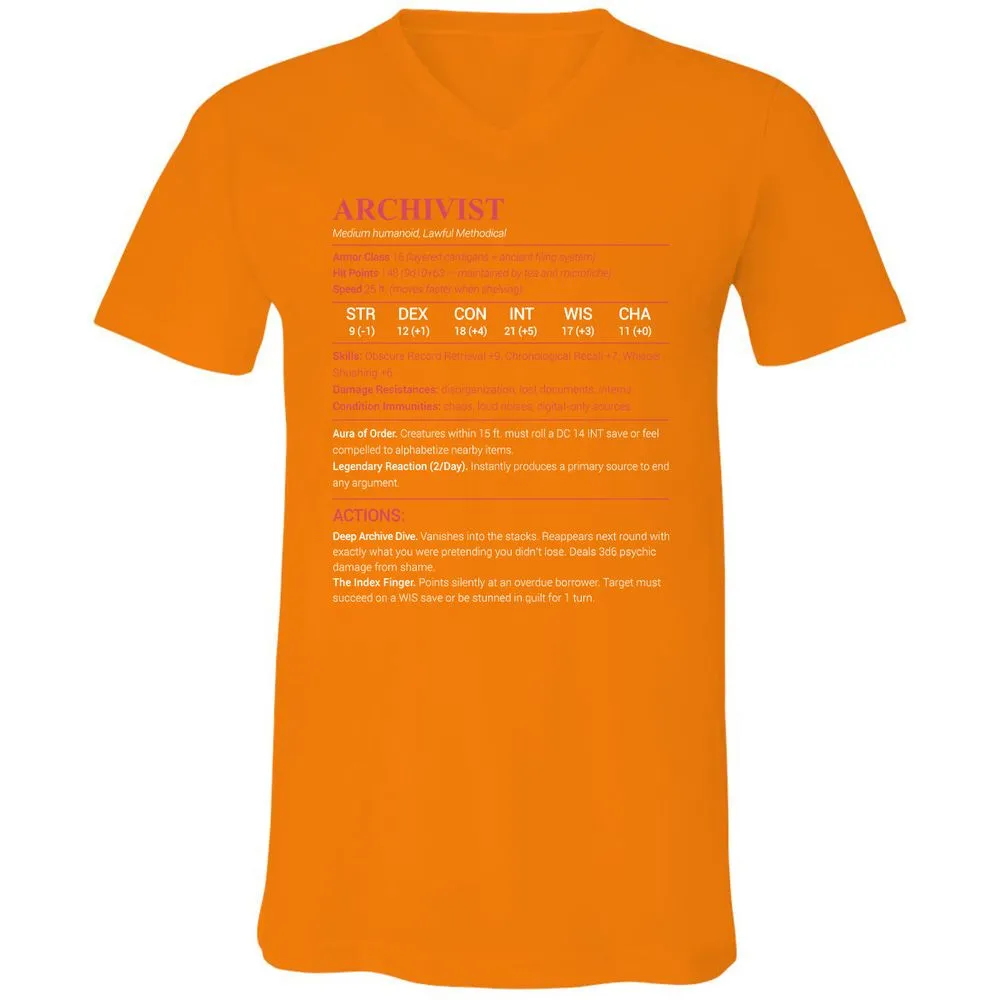 Archivist Stats Unisex V-Neck T-Shirt - Orange - 11