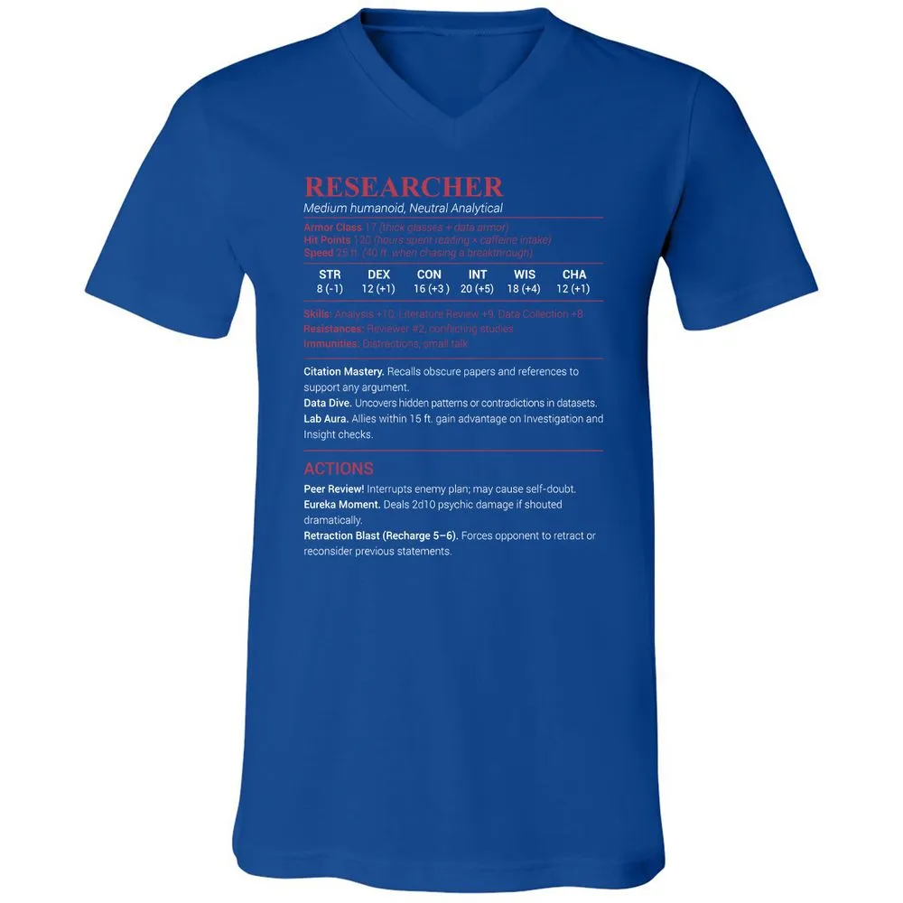 Researcher Stats Unisex V-Neck T-Shirt - True Royal - 4