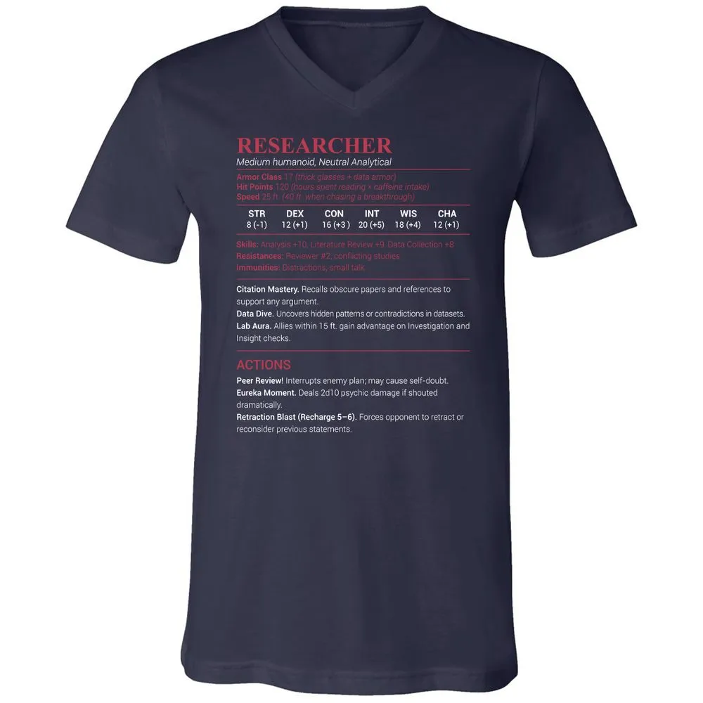 Researcher Stats Unisex V-Neck T-Shirt - Navy - 2