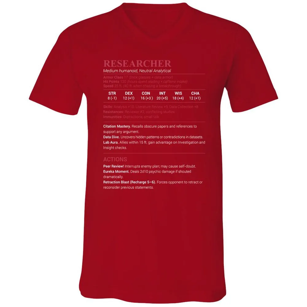 Researcher Stats Unisex V-Neck T-Shirt - Red - 3