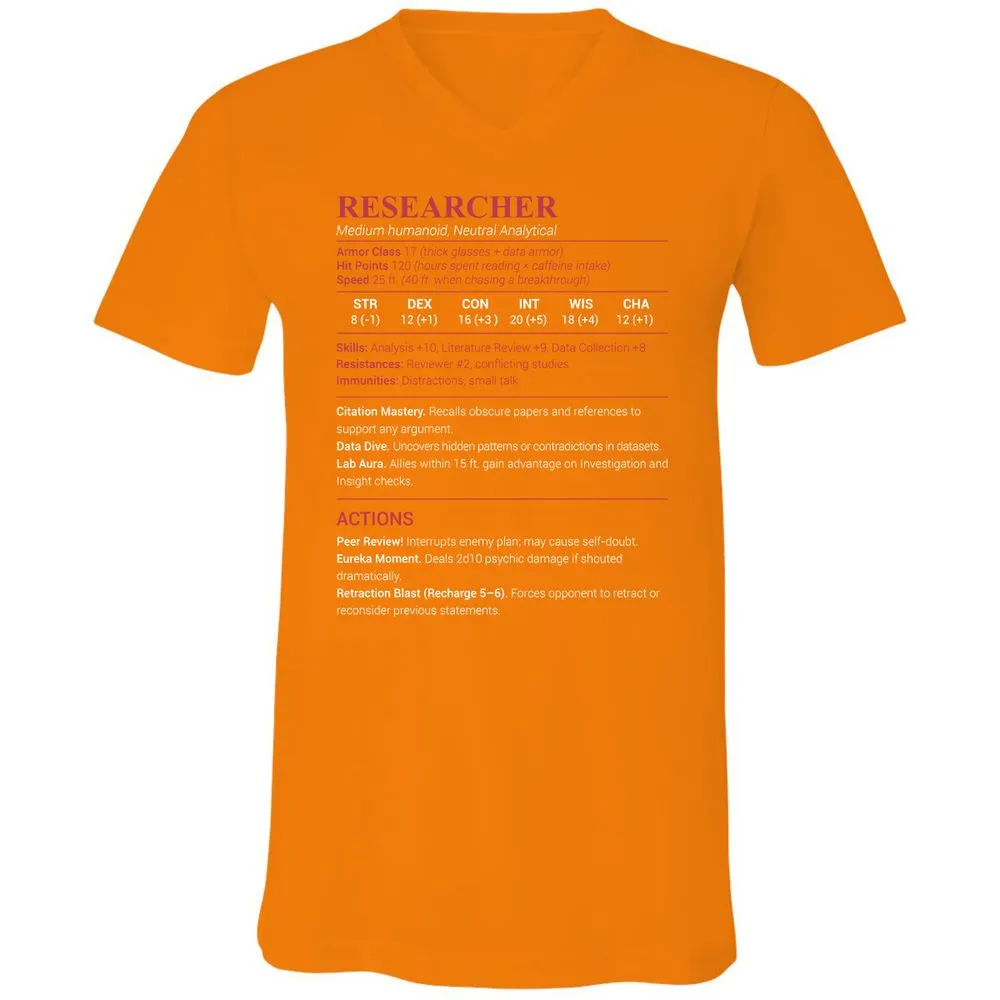 Researcher Stats Unisex V-Neck T-Shirt - Orange - 11