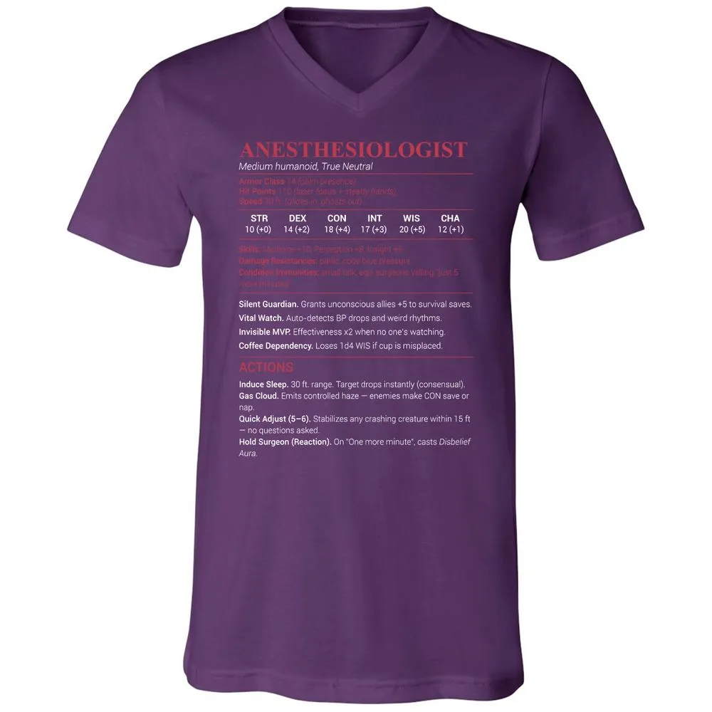 Anesthesiologist Stats Unisex V-Neck T-Shirt - Team Purple - 9