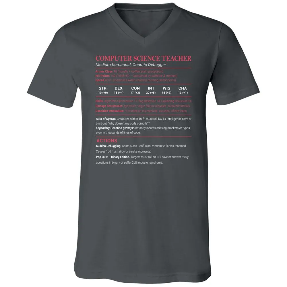 Computer Science Teacher Unisex V-Neck T-Shirt - Asphalt - 12