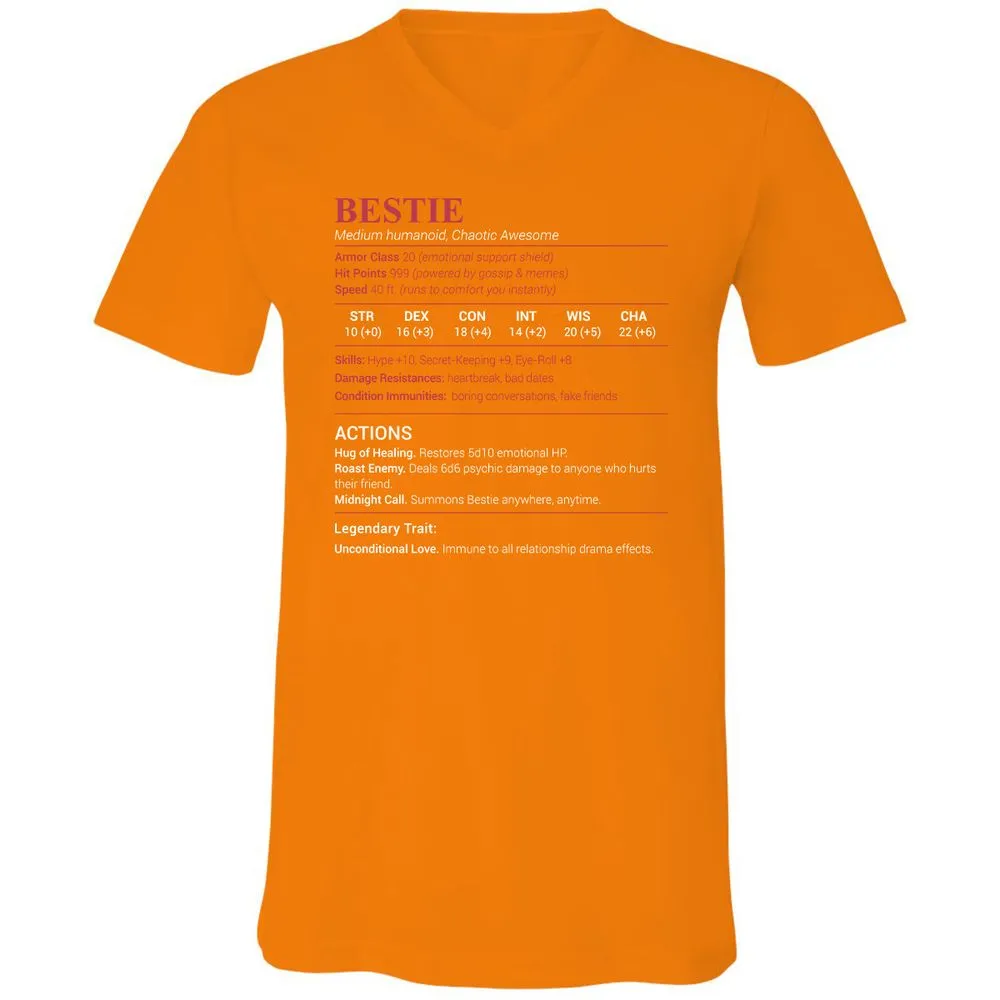 Bestie Stats Unisex V-Neck T-Shirt - Orange - 11
