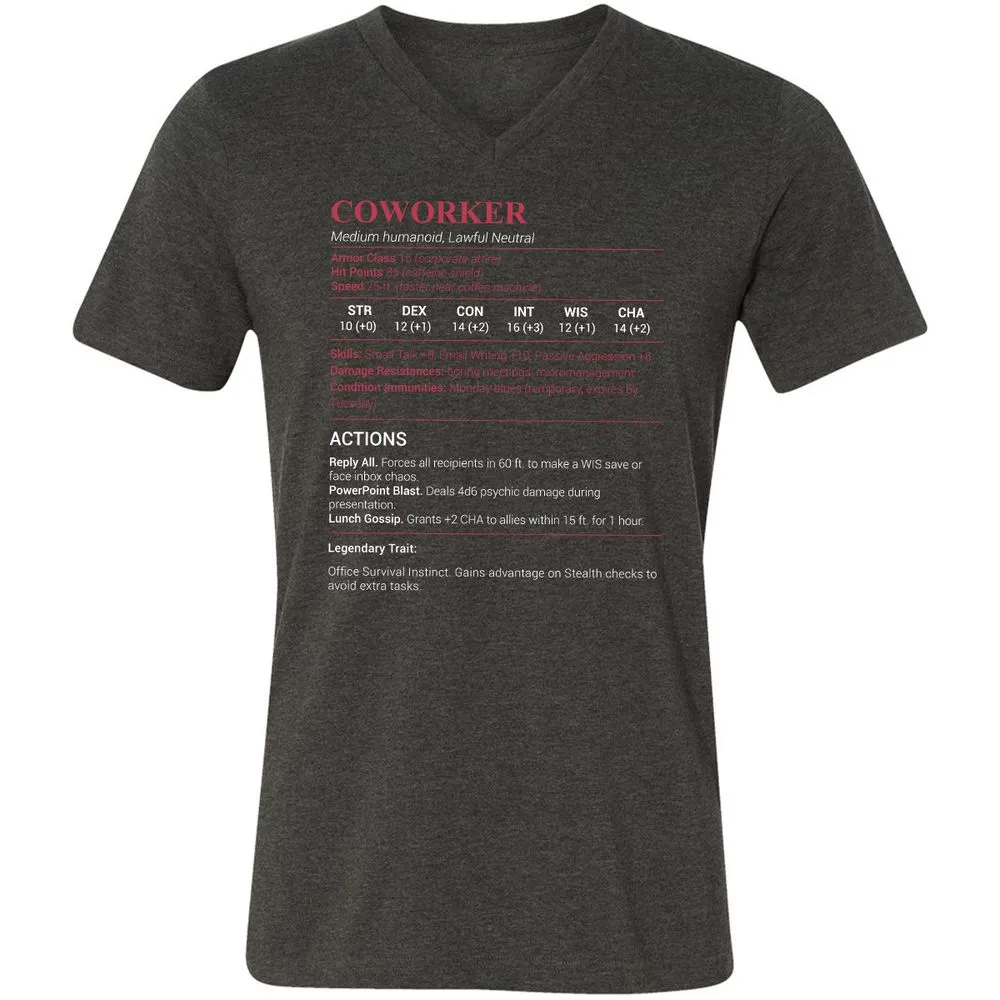 Coworker Stats Unisex V-Neck T-Shirt - Dark Grey Heather - 8