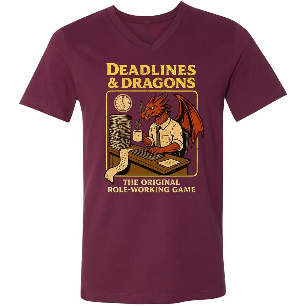 Deadlines & Dragons (Office Staff) Unisex V-Neck T-Shirt - Maroon - 6