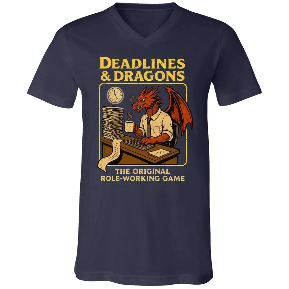 Deadlines & Dragons (Office Staff) Unisex V-Neck T-Shirt - Navy - 2