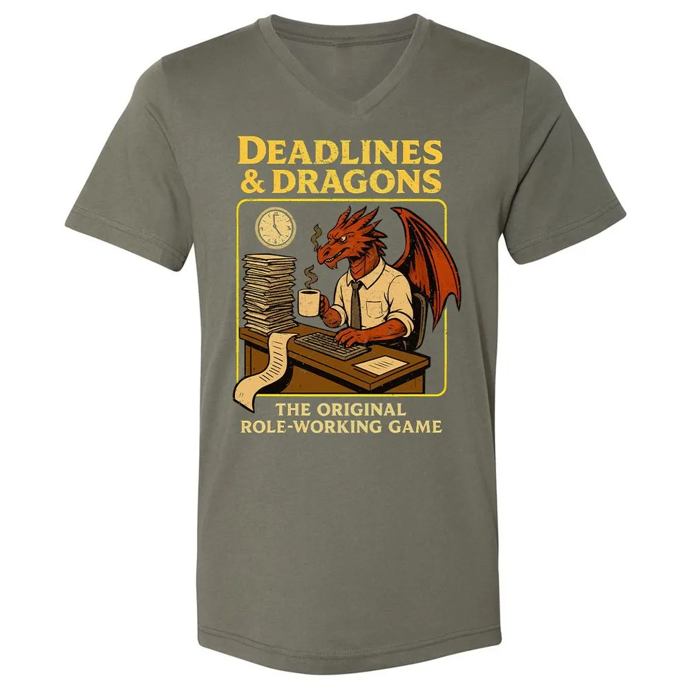Deadlines & Dragons (Office Staff) Unisex V-Neck T-Shirt - Military Green - 10
