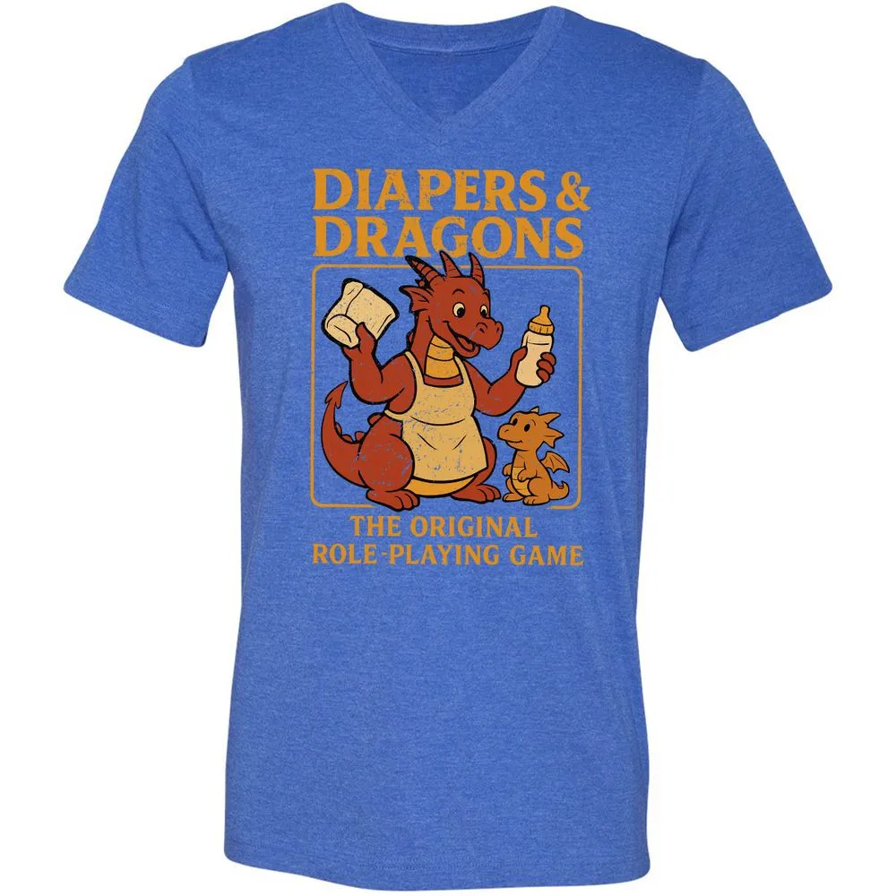Diapers & Dragons Unisex V-Neck T-Shirt - Heather True Royal - 14
