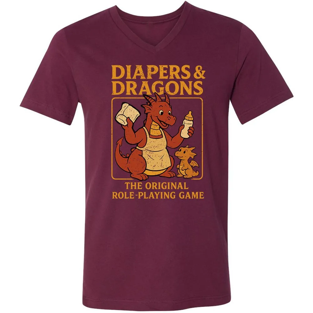 Diapers & Dragons Unisex V-Neck T-Shirt - Maroon - 6