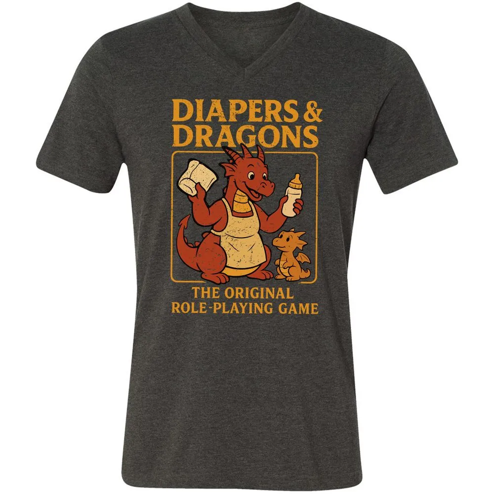 Diapers & Dragons Unisex V-Neck T-Shirt - Dark Grey Heather - 8
