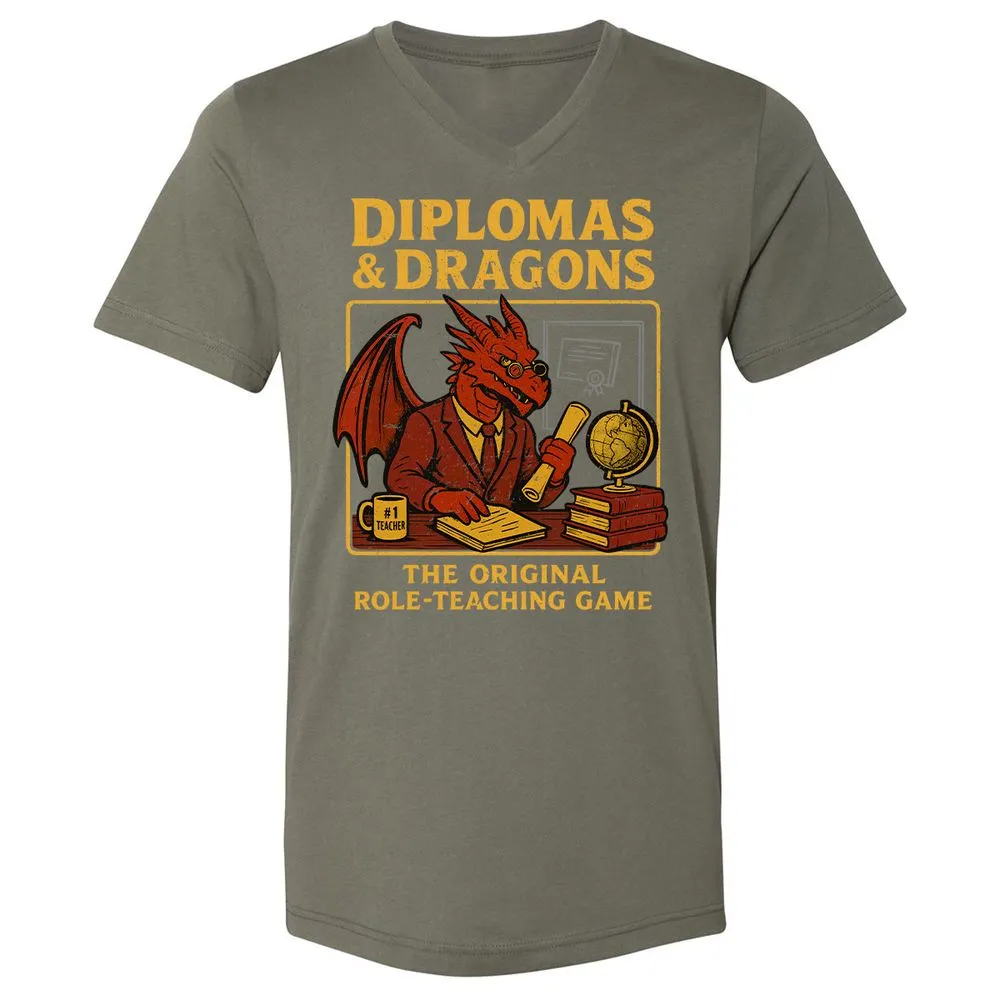 Diplomas & Dragons Unisex V-Neck T-Shirt - Military Green - 10