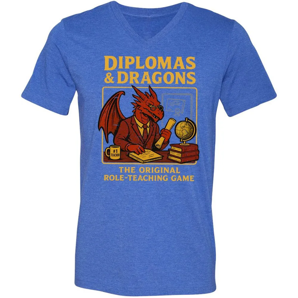 Diplomas & Dragons Unisex V-Neck T-Shirt - Heather True Royal - 14