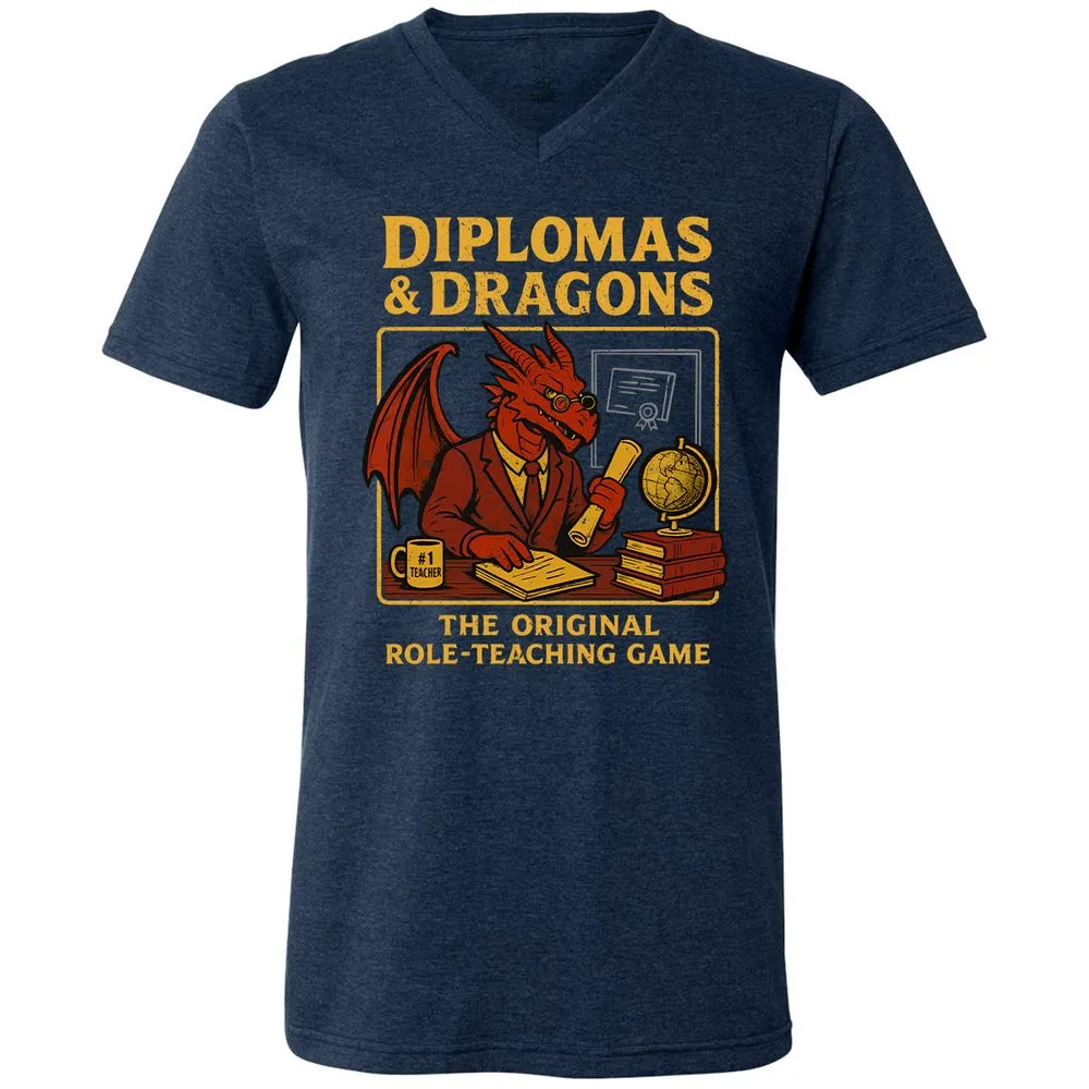 Diplomas & Dragons Unisex V-Neck T-Shirt - Heather Navy - 15