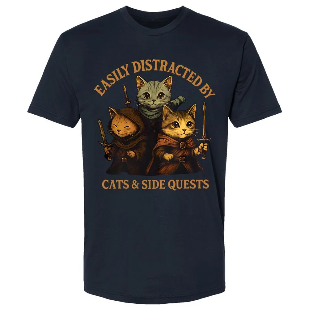 Easily Distracted By Cats & Side Quests Premium Unisex T-Shirt - Midnight Navy - 2