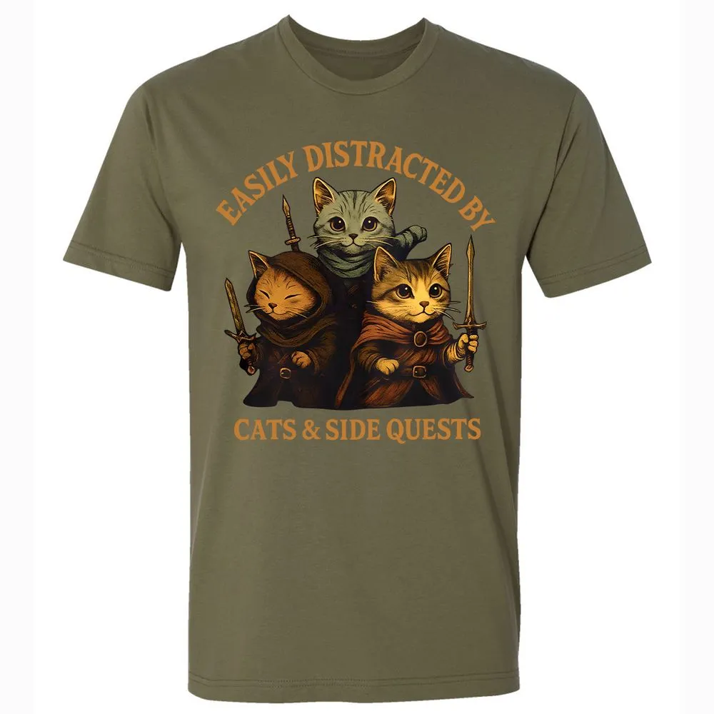 Easily Distracted By Cats & Side Quests Premium Unisex T-Shirt - Military Green - 5