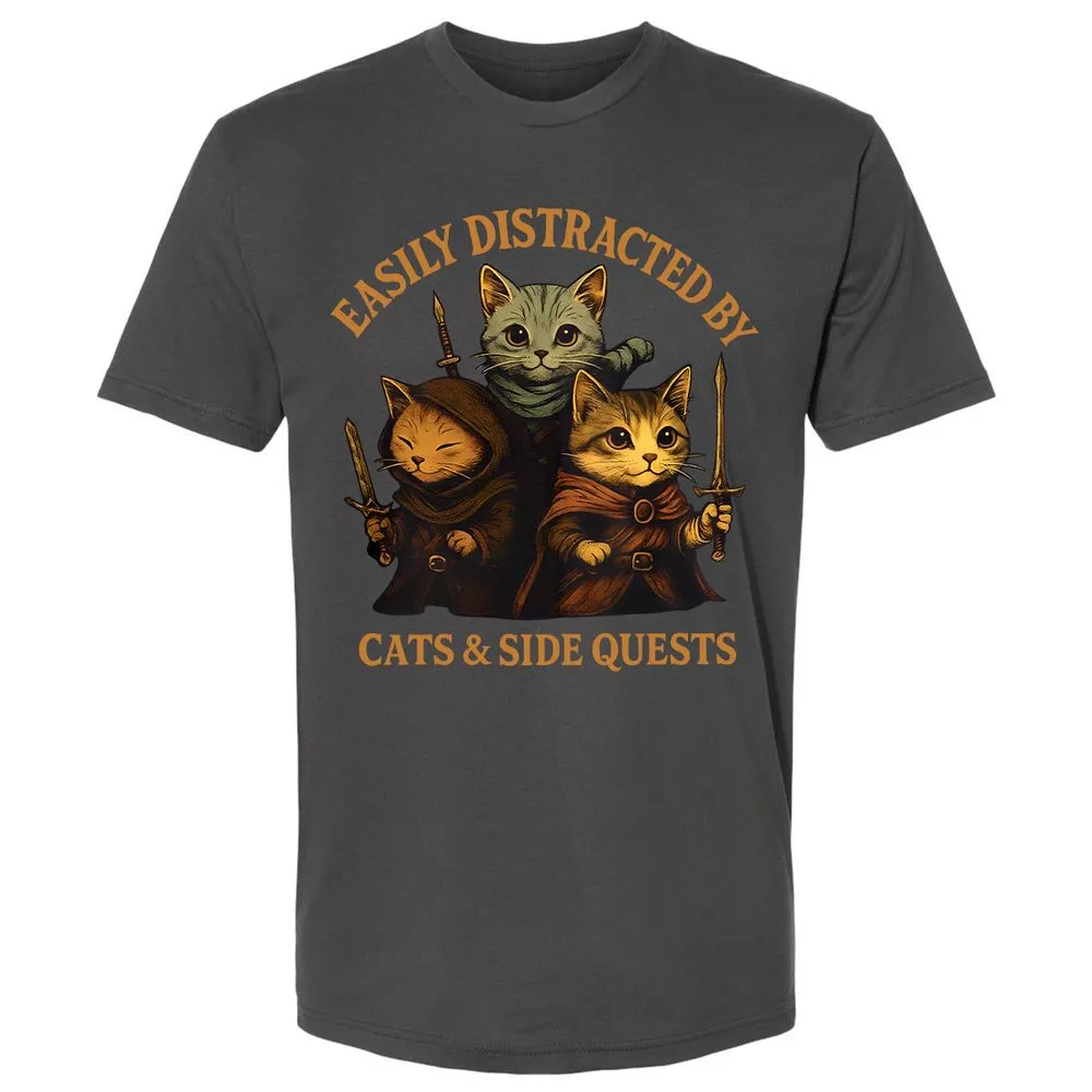 Easily Distracted By Cats & Side Quests Premium Unisex T-Shirt - Heavy Metal - 8
