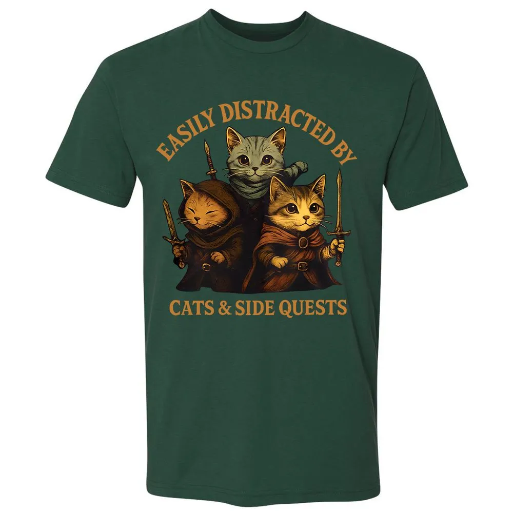 Easily Distracted By Cats & Side Quests Premium Unisex T-Shirt - Forest Green - 13