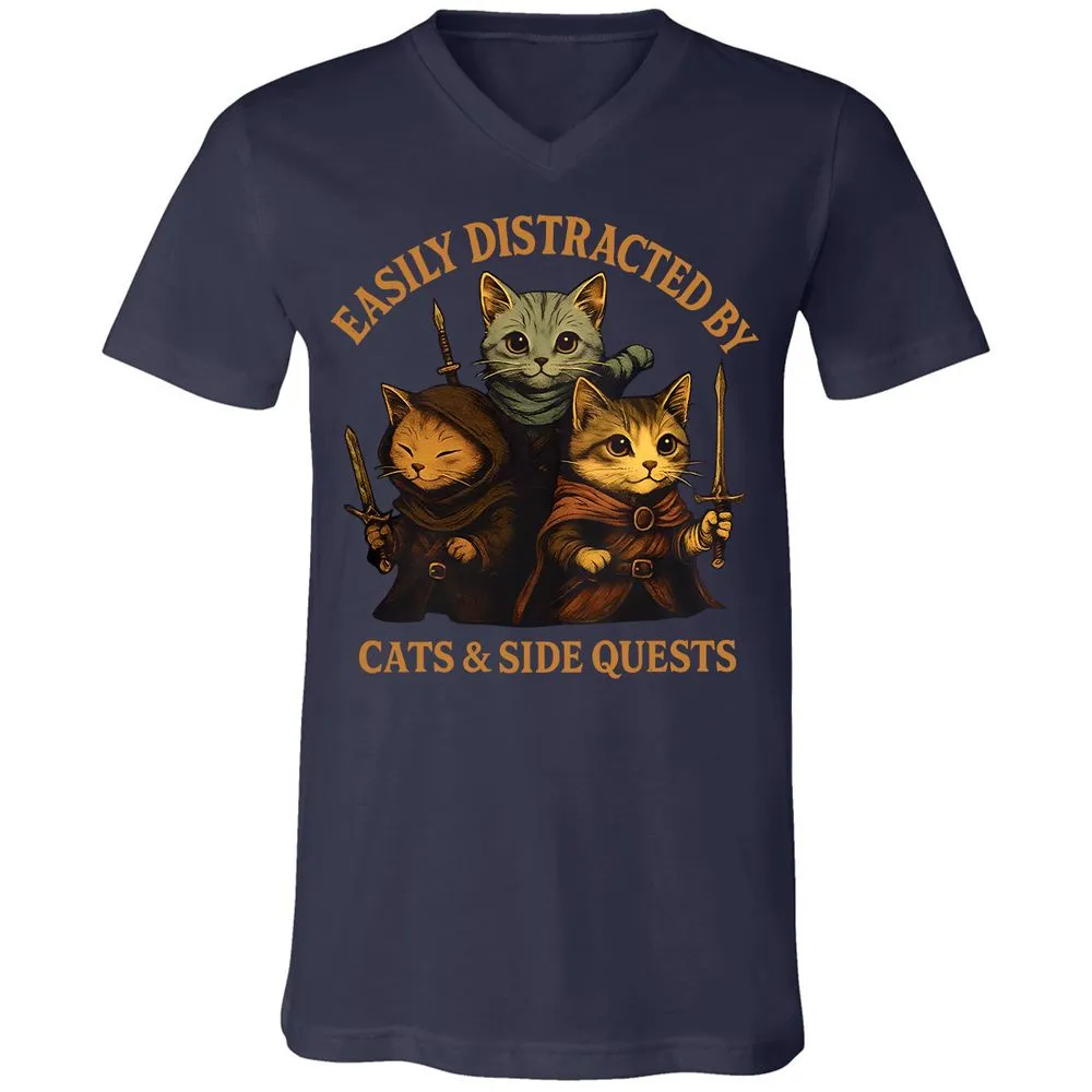 Easily Distracted By Cats & Side Quests Unisex V-Neck T-Shirt - Navy - 2