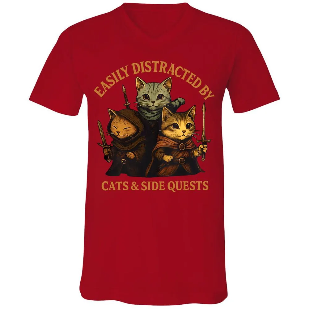 Easily Distracted By Cats & Side Quests Unisex V-Neck T-Shirt - Red - 3