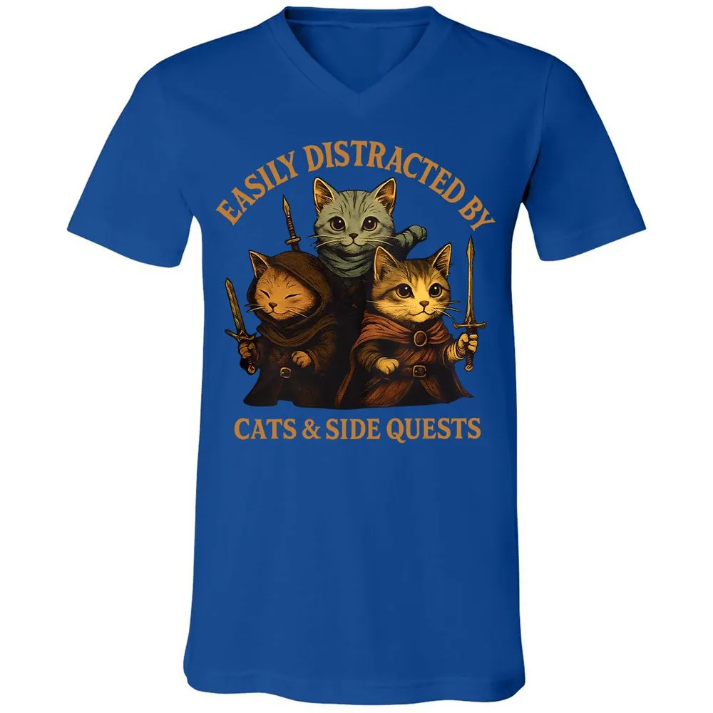 Easily Distracted By Cats & Side Quests Unisex V-Neck T-Shirt - True Royal - 4