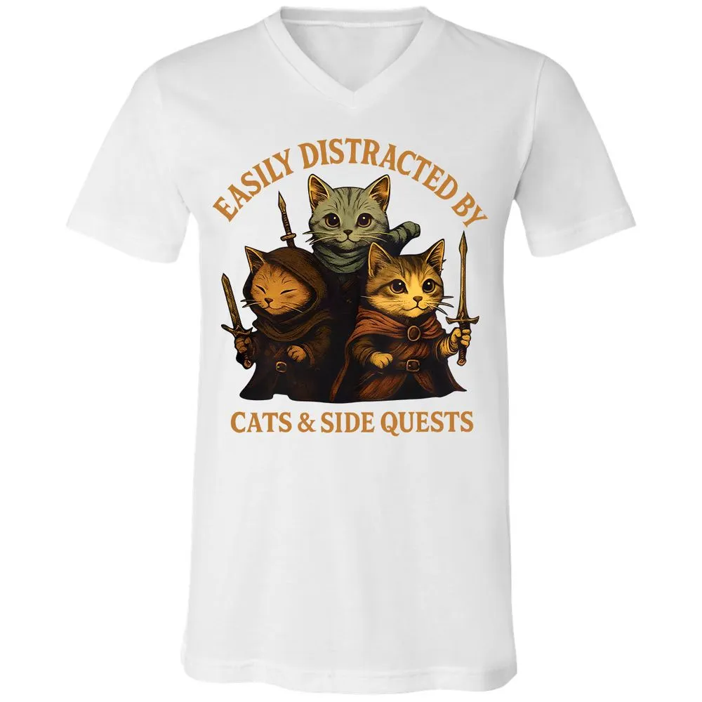 Easily Distracted By Cats & Side Quests Unisex V-Neck T-Shirt - White - 5