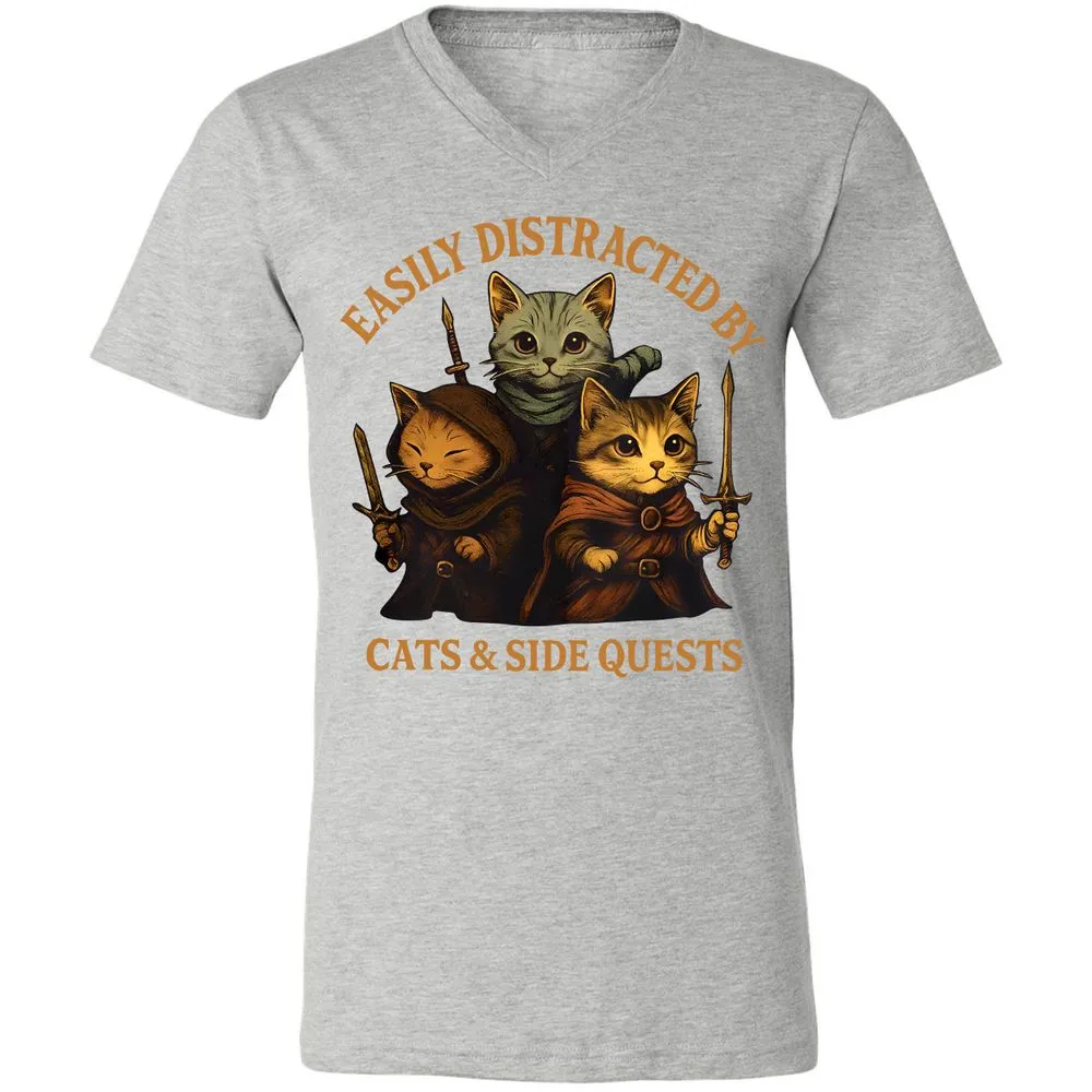 Easily Distracted By Cats & Side Quests Unisex V-Neck T-Shirt - Athletic Heather - 7