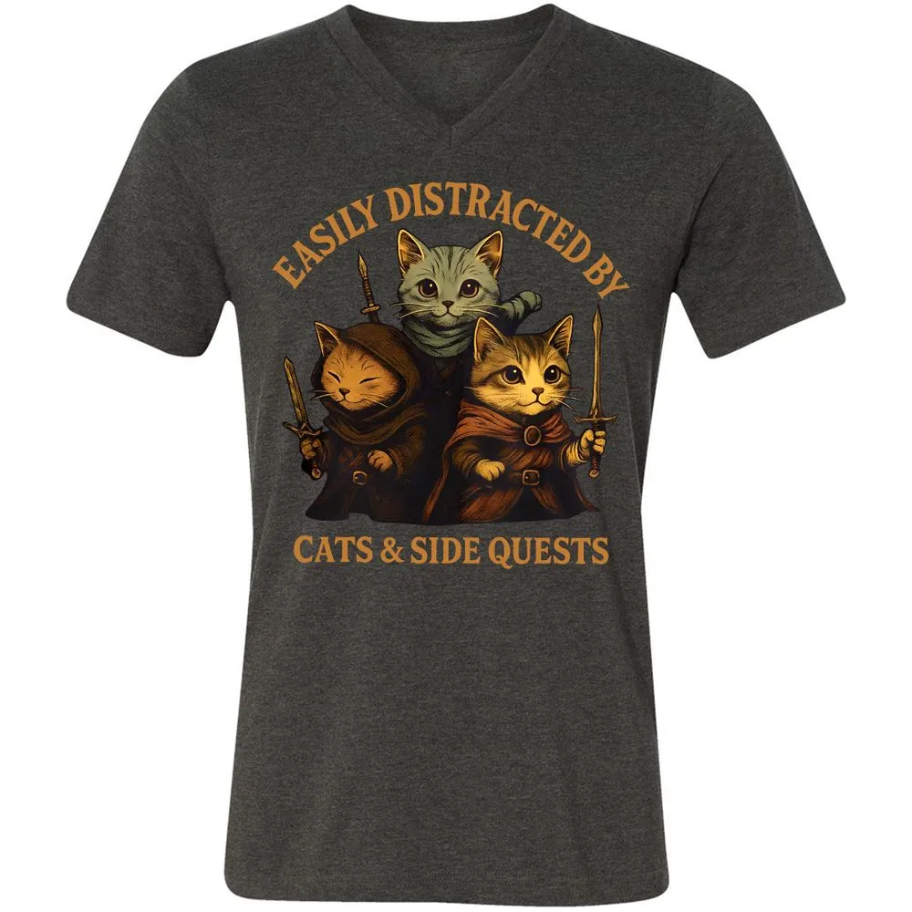 Easily Distracted By Cats & Side Quests Unisex V-Neck T-Shirt - Dark Grey Heather - 8