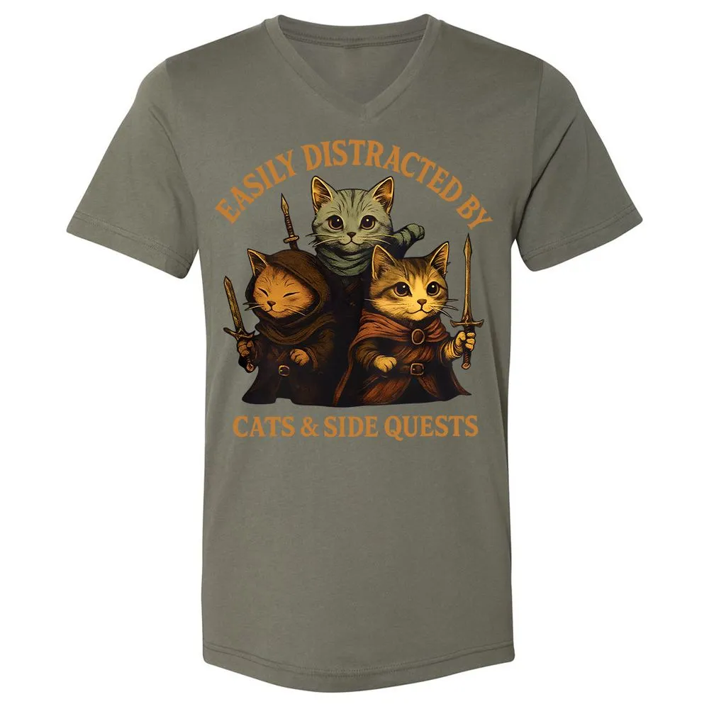 Easily Distracted By Cats & Side Quests Unisex V-Neck T-Shirt - Military Green - 10
