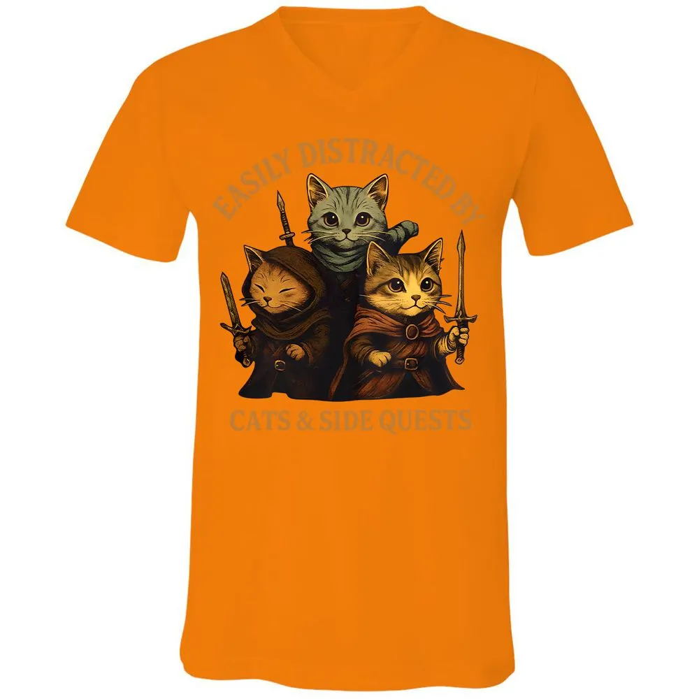 Easily Distracted By Cats & Side Quests Unisex V-Neck T-Shirt - Orange - 11