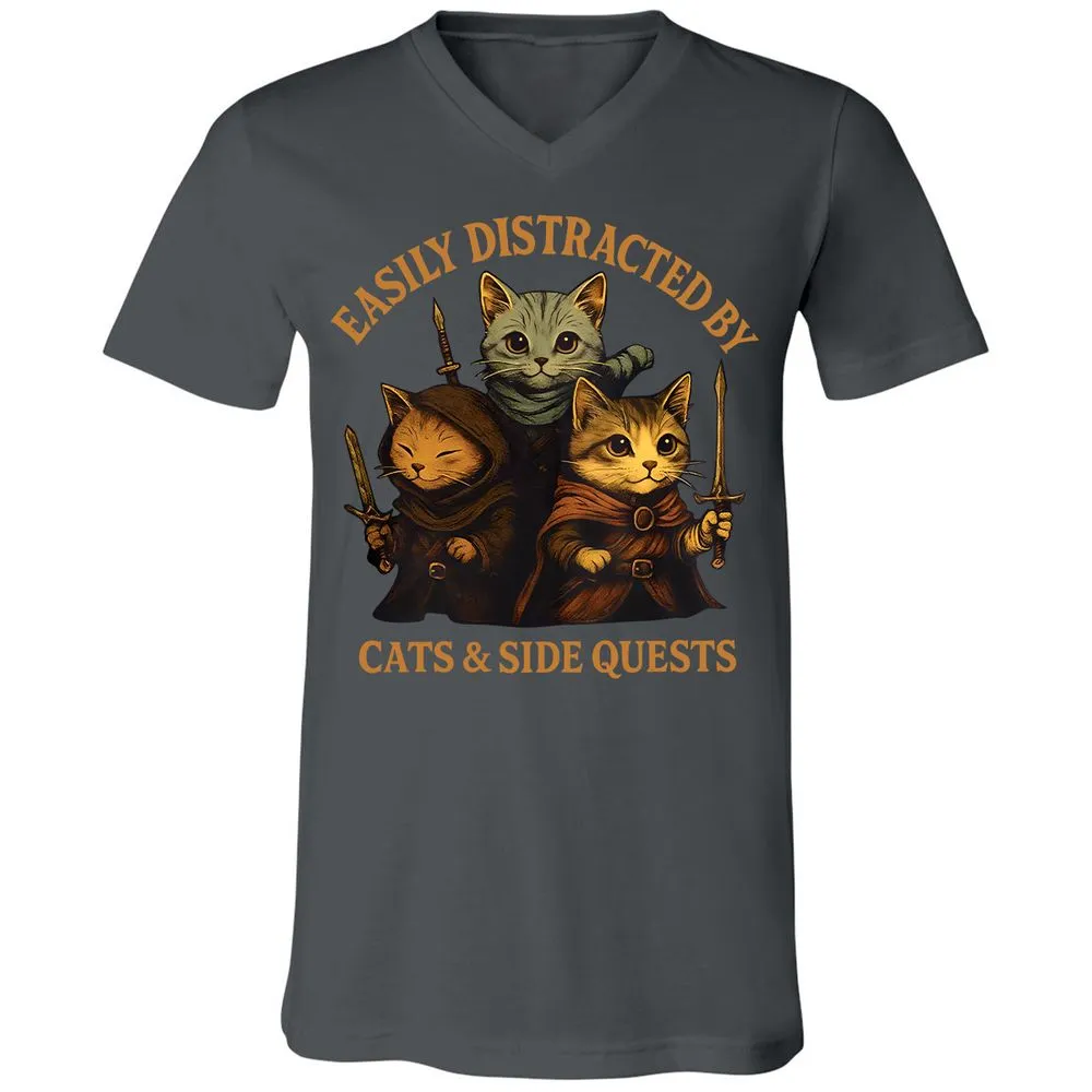 Easily Distracted By Cats & Side Quests Unisex V-Neck T-Shirt - Asphalt - 12
