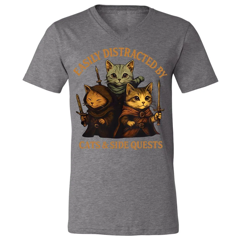 Easily Distracted By Cats & Side Quests Unisex V-Neck T-Shirt - Deep Heather - 13
