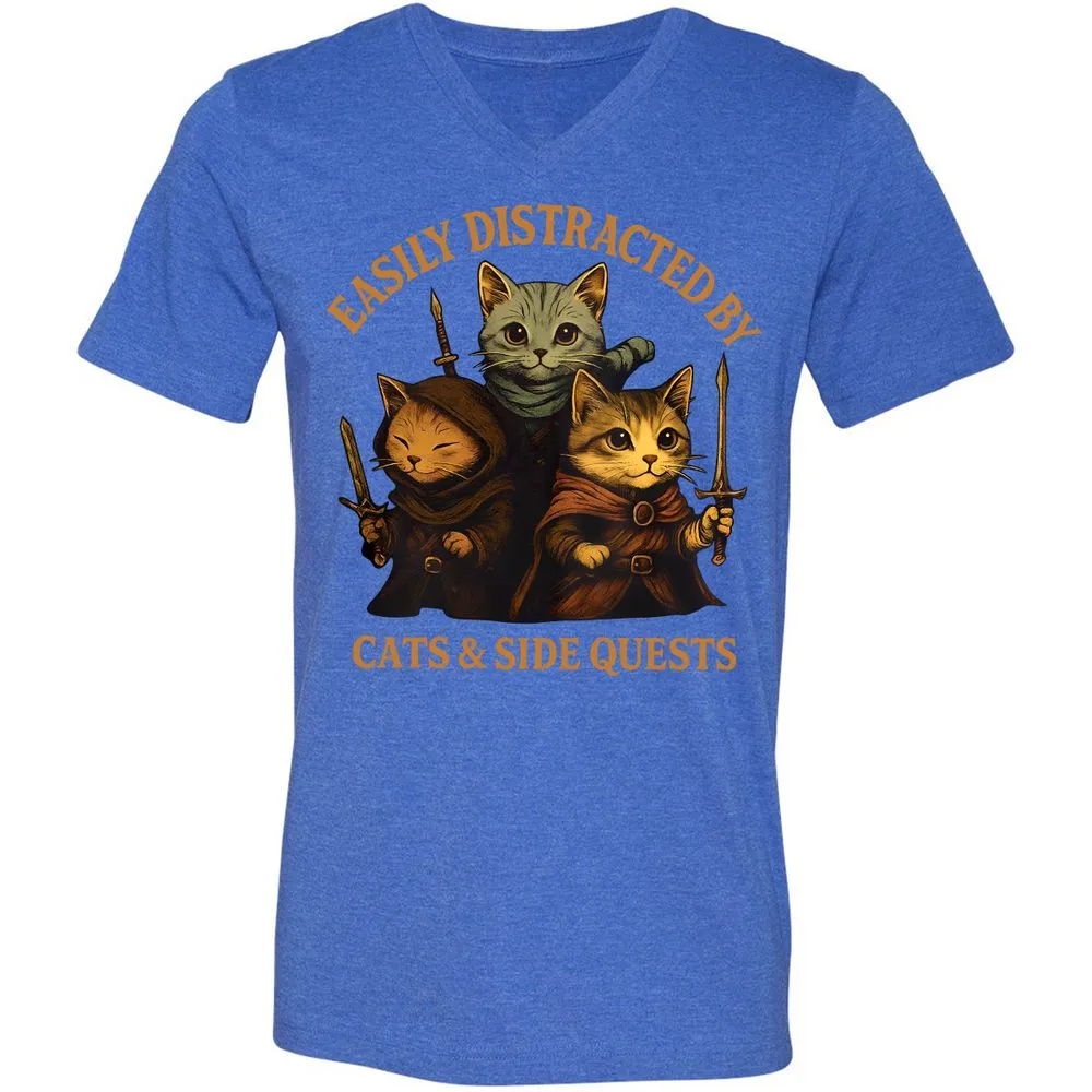 Easily Distracted By Cats & Side Quests Unisex V-Neck T-Shirt - Heather True Royal - 14
