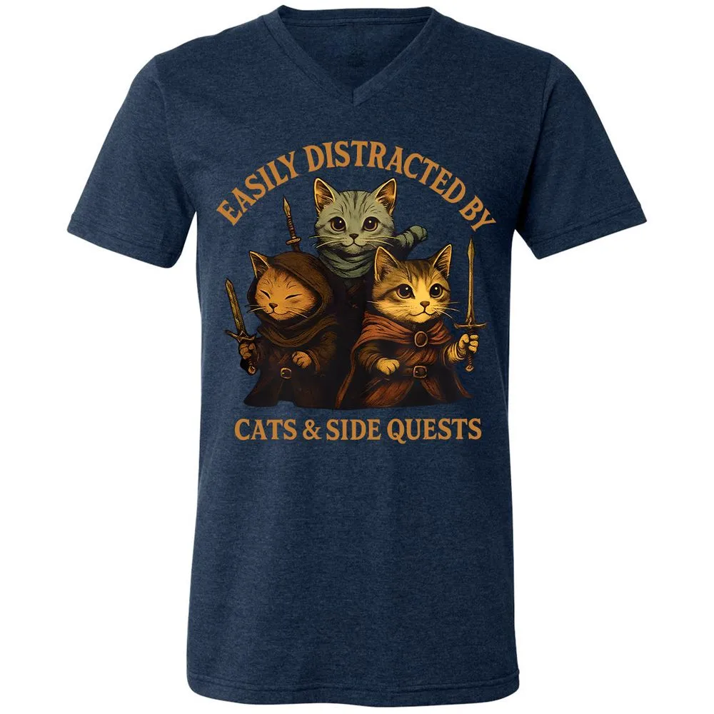 Easily Distracted By Cats & Side Quests Unisex V-Neck T-Shirt - Heather Navy - 15
