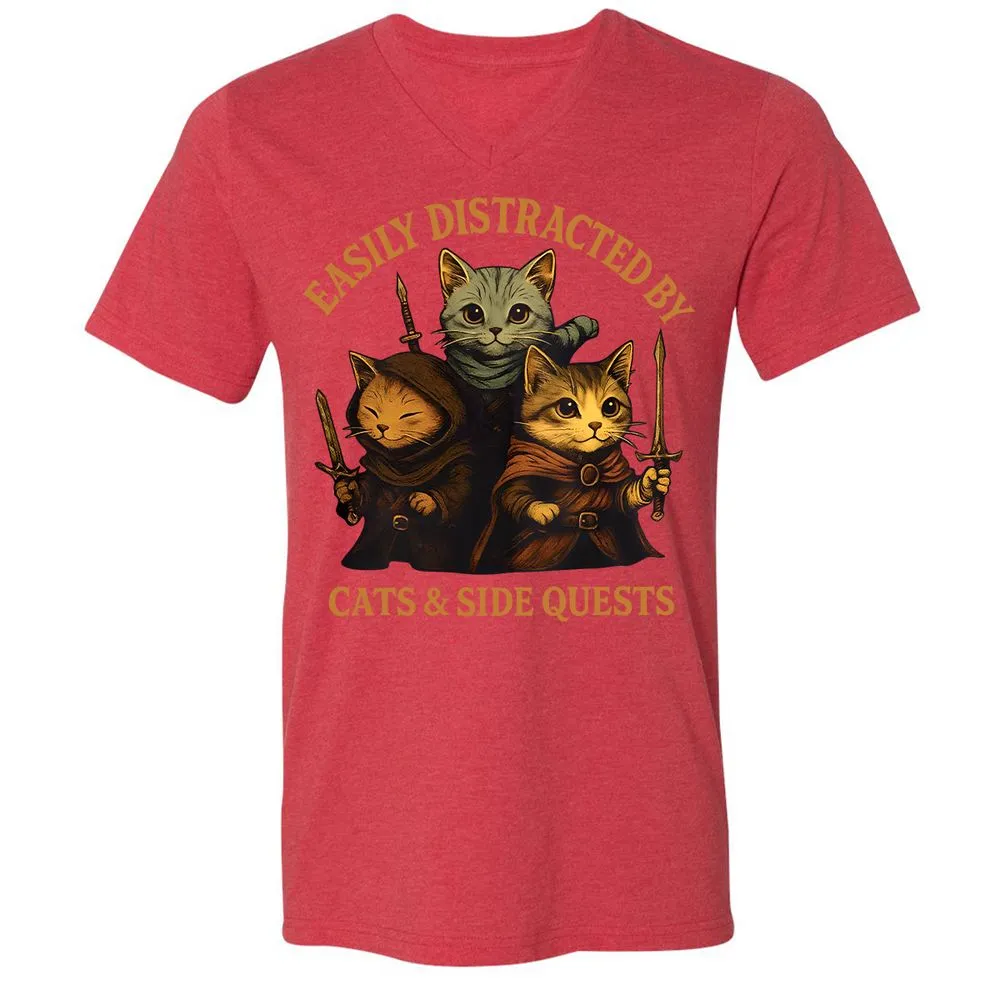 Easily Distracted By Cats & Side Quests Unisex V-Neck T-Shirt - Heather Red - 16