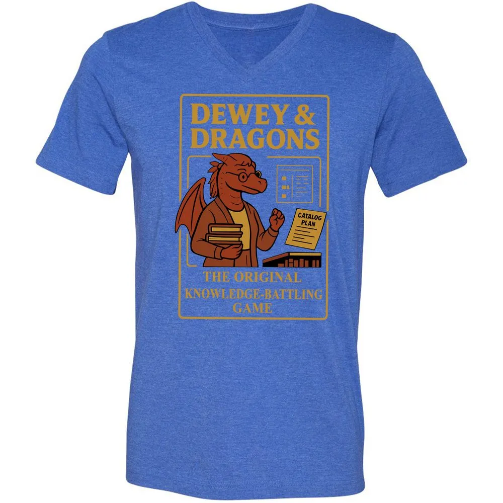 Dewey & Dragons Unisex V-Neck T-Shirt - Heather True Royal - 14