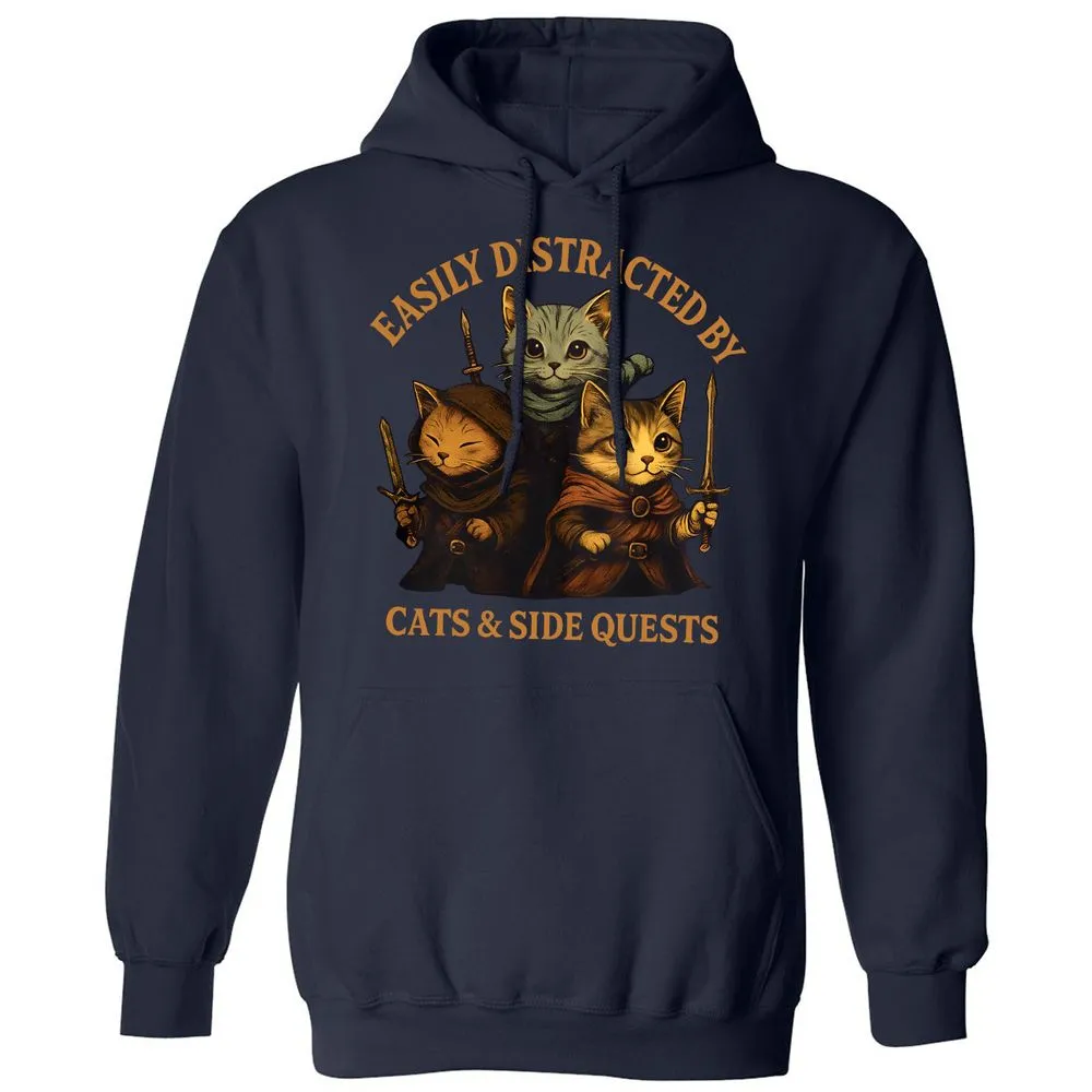Easily Distracted By Cats & Side Quests Classic Unisex Hoodie - Navy - 2