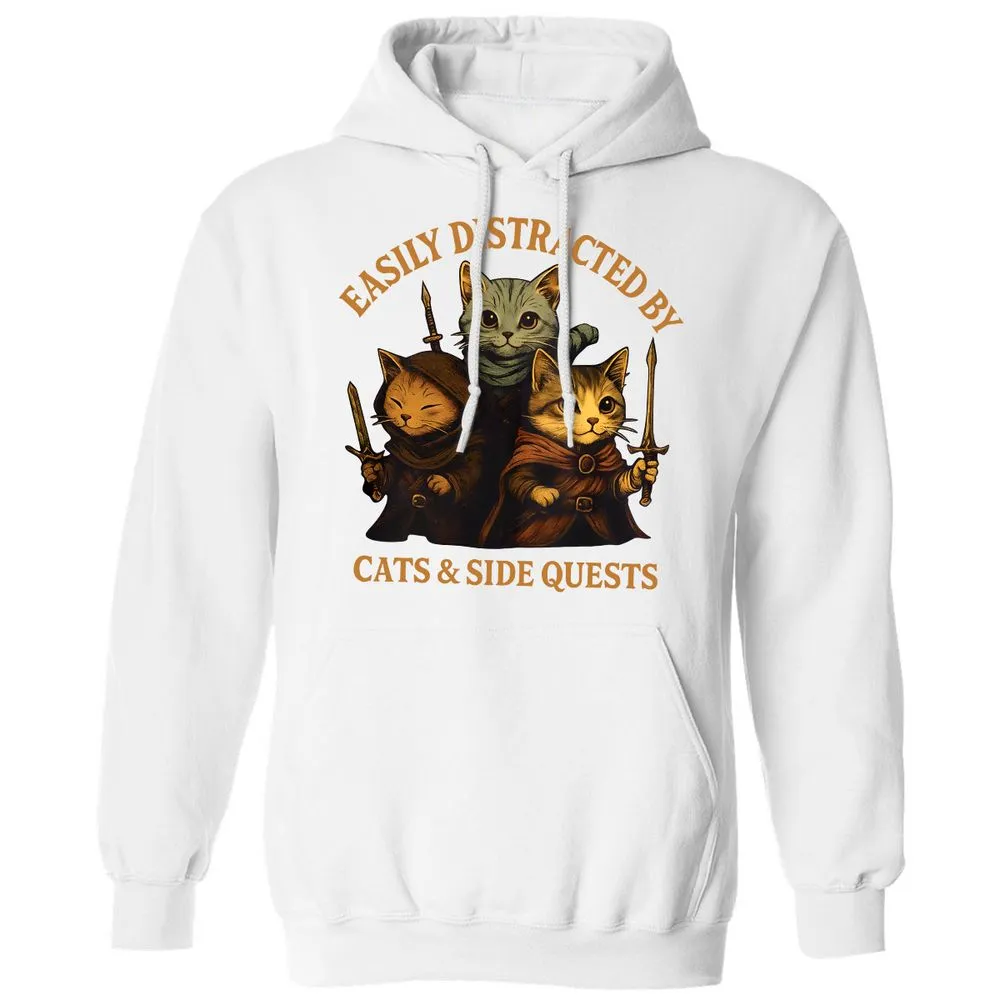 Easily Distracted By Cats & Side Quests Classic Unisex Hoodie - White - 11
