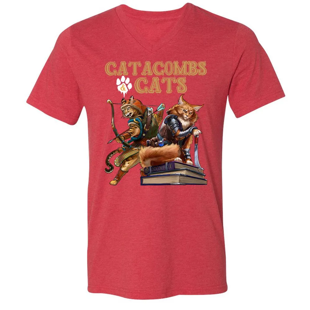Catacombs & Cats Unisex V-Neck T-Shirt - Heather Red - 16
