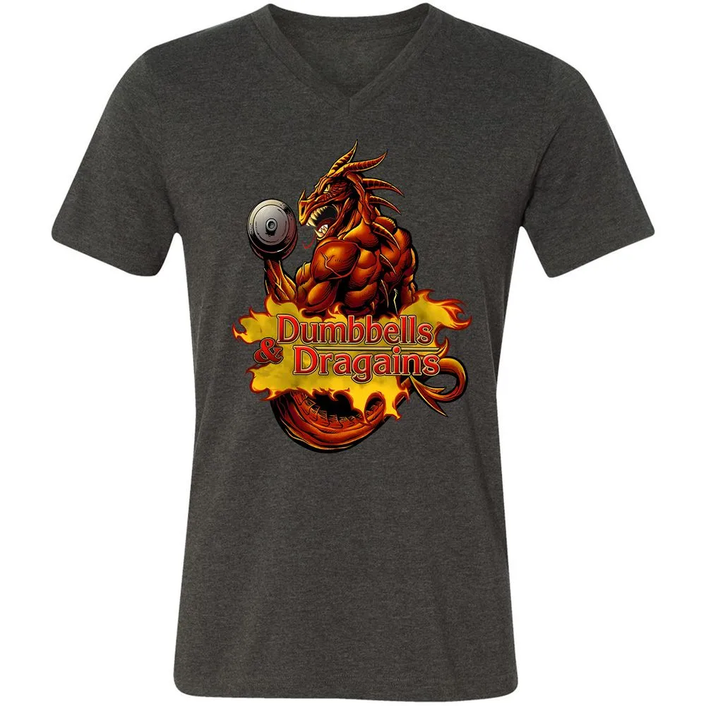 Dumbbells & Dragains Unisex V-Neck T-Shirt - Dark Grey Heather - 8