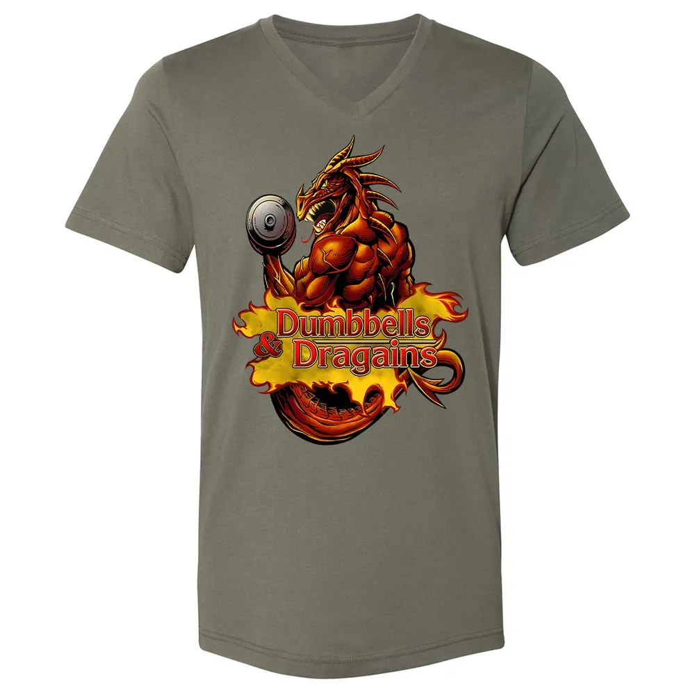Dumbbells & Dragains Unisex V-Neck T-Shirt - Military Green - 10
