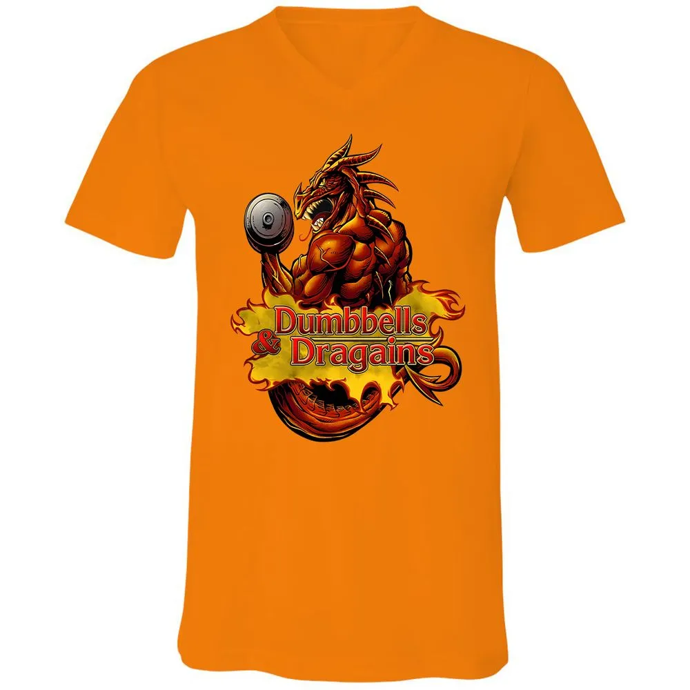Dumbbells & Dragains Unisex V-Neck T-Shirt - Orange - 11