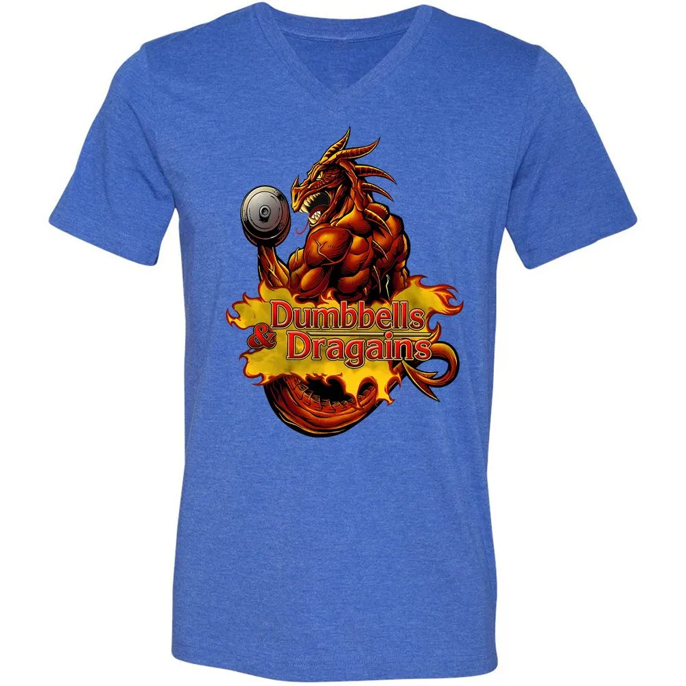 Dumbbells & Dragains Unisex V-Neck T-Shirt - Heather True Royal - 14
