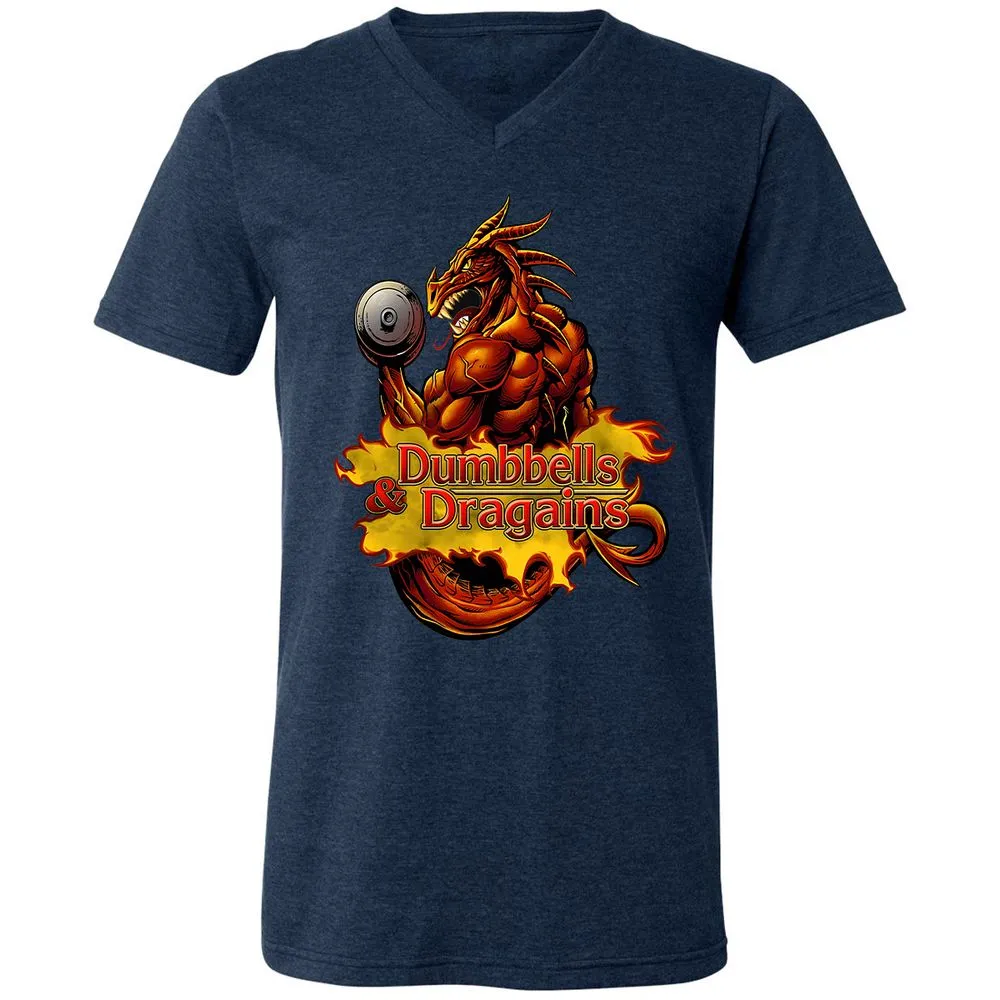 Dumbbells & Dragains Unisex V-Neck T-Shirt - Heather Navy - 15