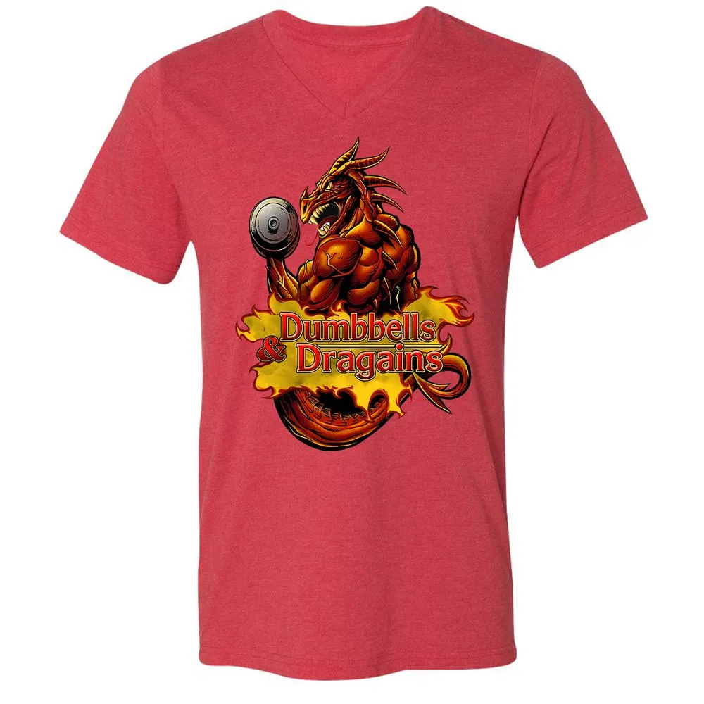 Dumbbells & Dragains Unisex V-Neck T-Shirt - Heather Red - 16