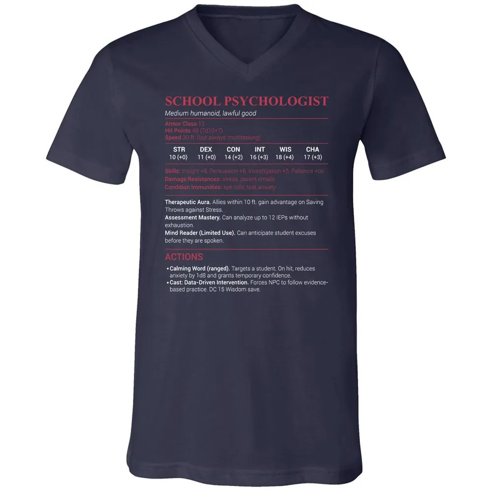 School Psychologist Unisex V-Neck T-Shirt - Navy - 2