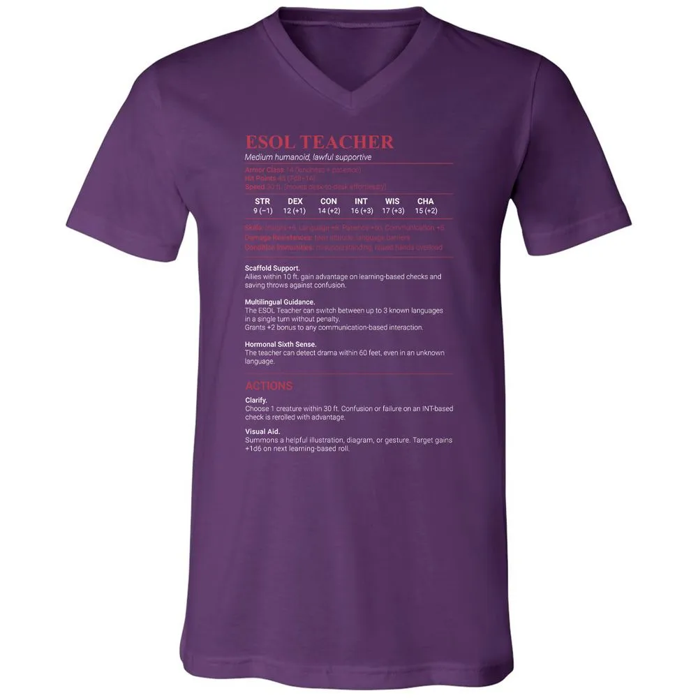 ESOL Teacher Unisex V-Neck T-Shirt - Team Purple - 9