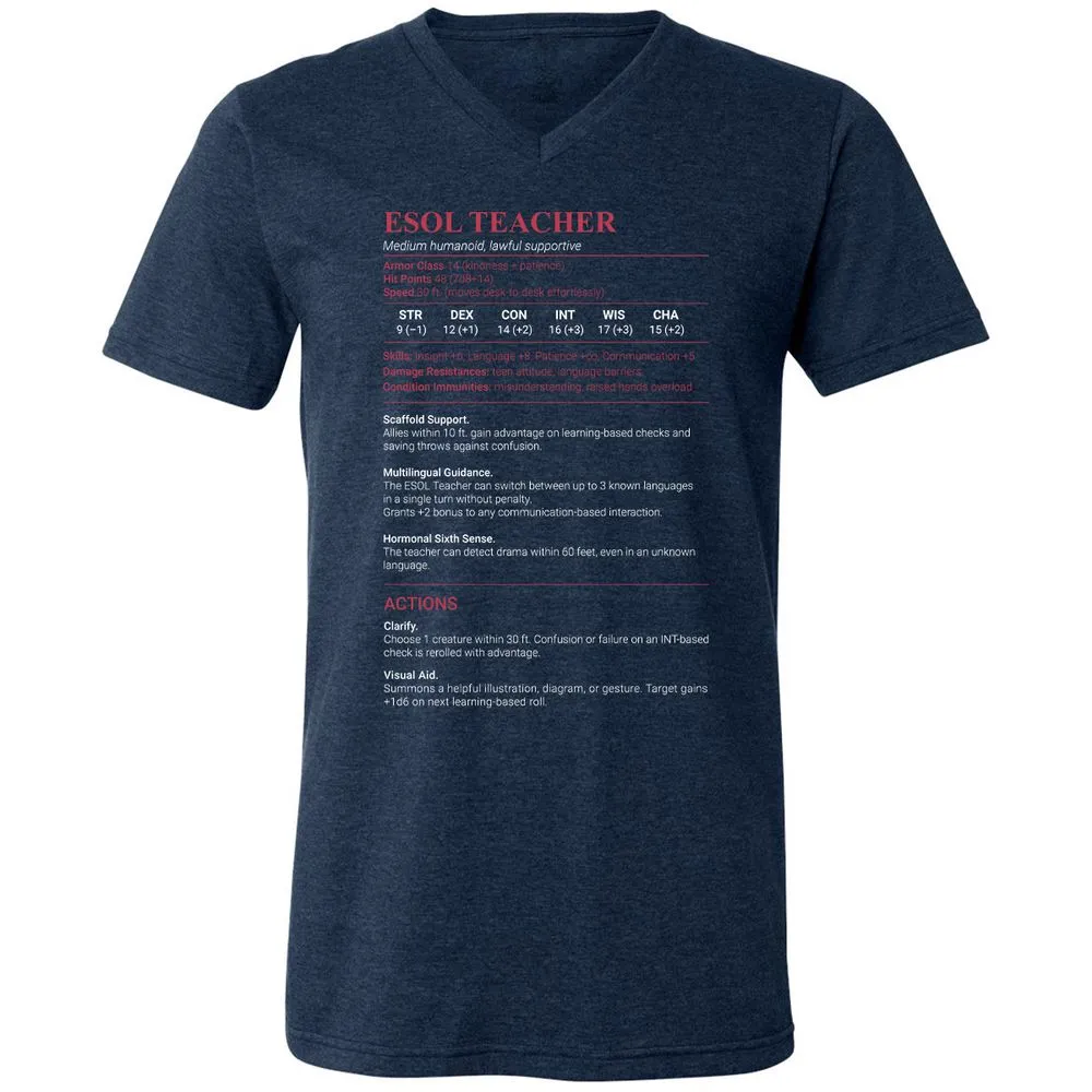 ESOL Teacher Unisex V-Neck T-Shirt - Heather Navy - 15