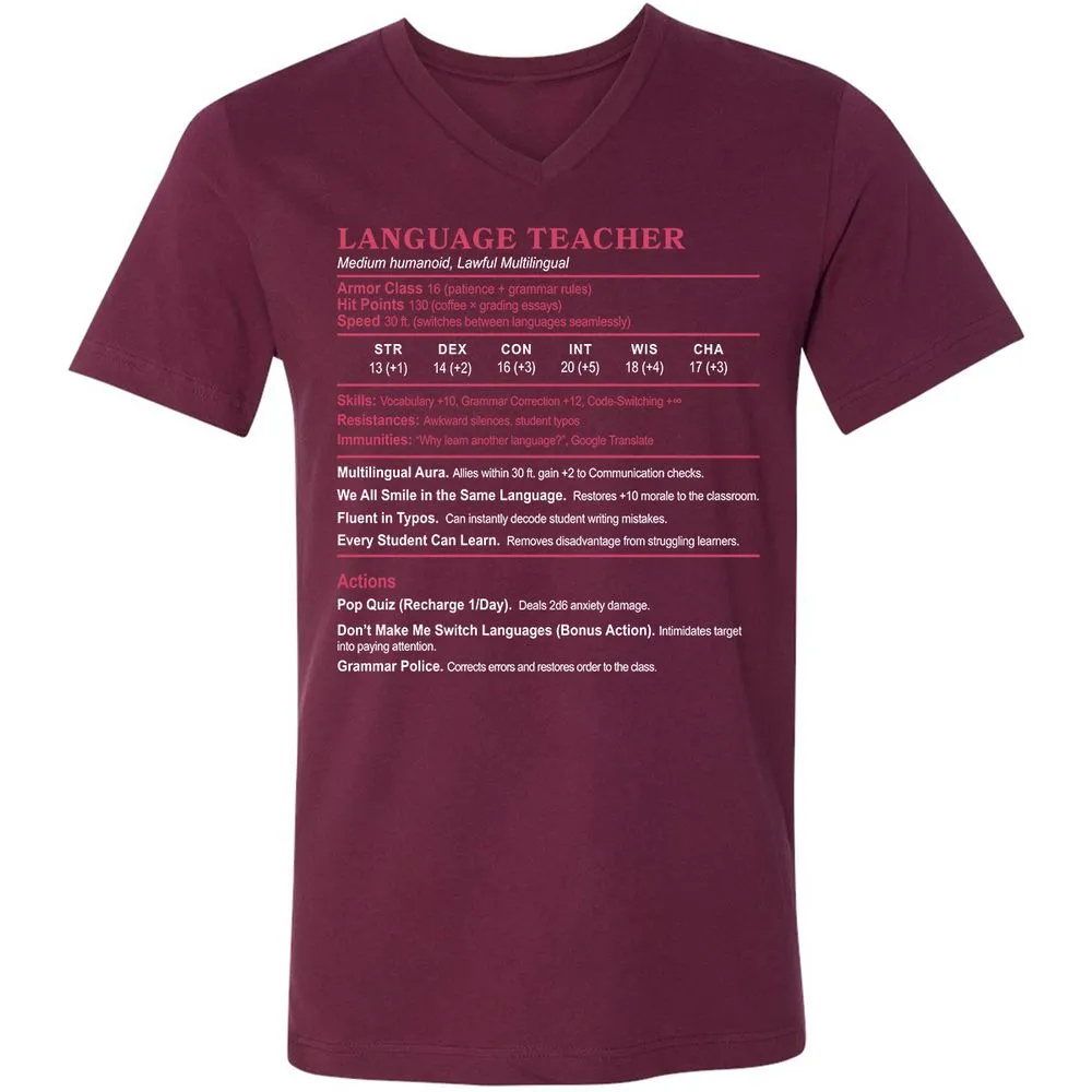 Language Teacher Unisex V-Neck T-Shirt - Maroon - 6