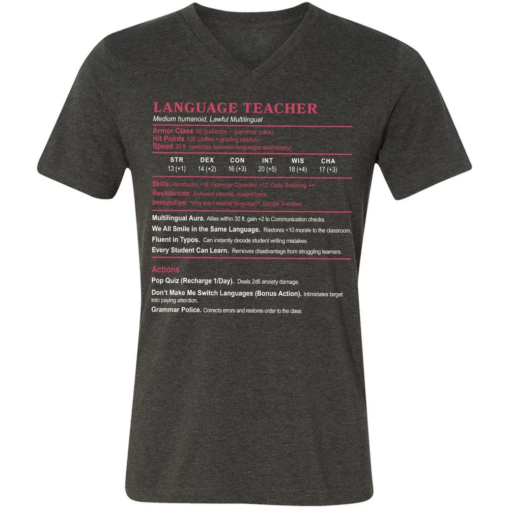 Language Teacher Unisex V-Neck T-Shirt - Dark Grey Heather - 8